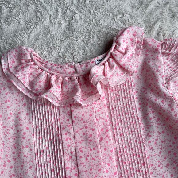 Vintage ruffle neck floral heart print blouse short puff sleeve pink pleated‎ S - Picture 9 of 17